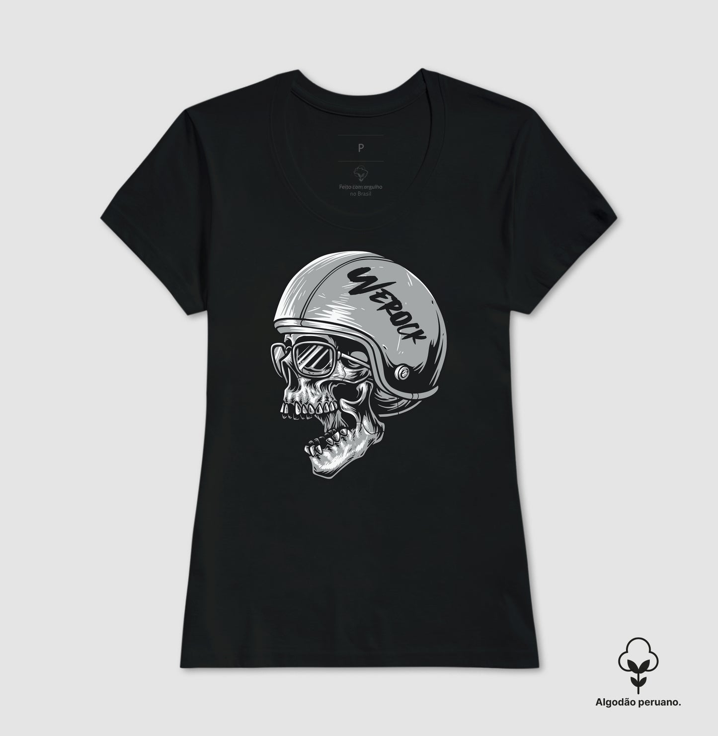 camiseta algodão peruano werock motorcycle helmet skull feminina