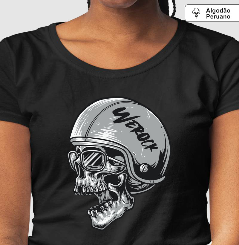 camiseta algodão peruano werock motorcycle helmet skull feminina