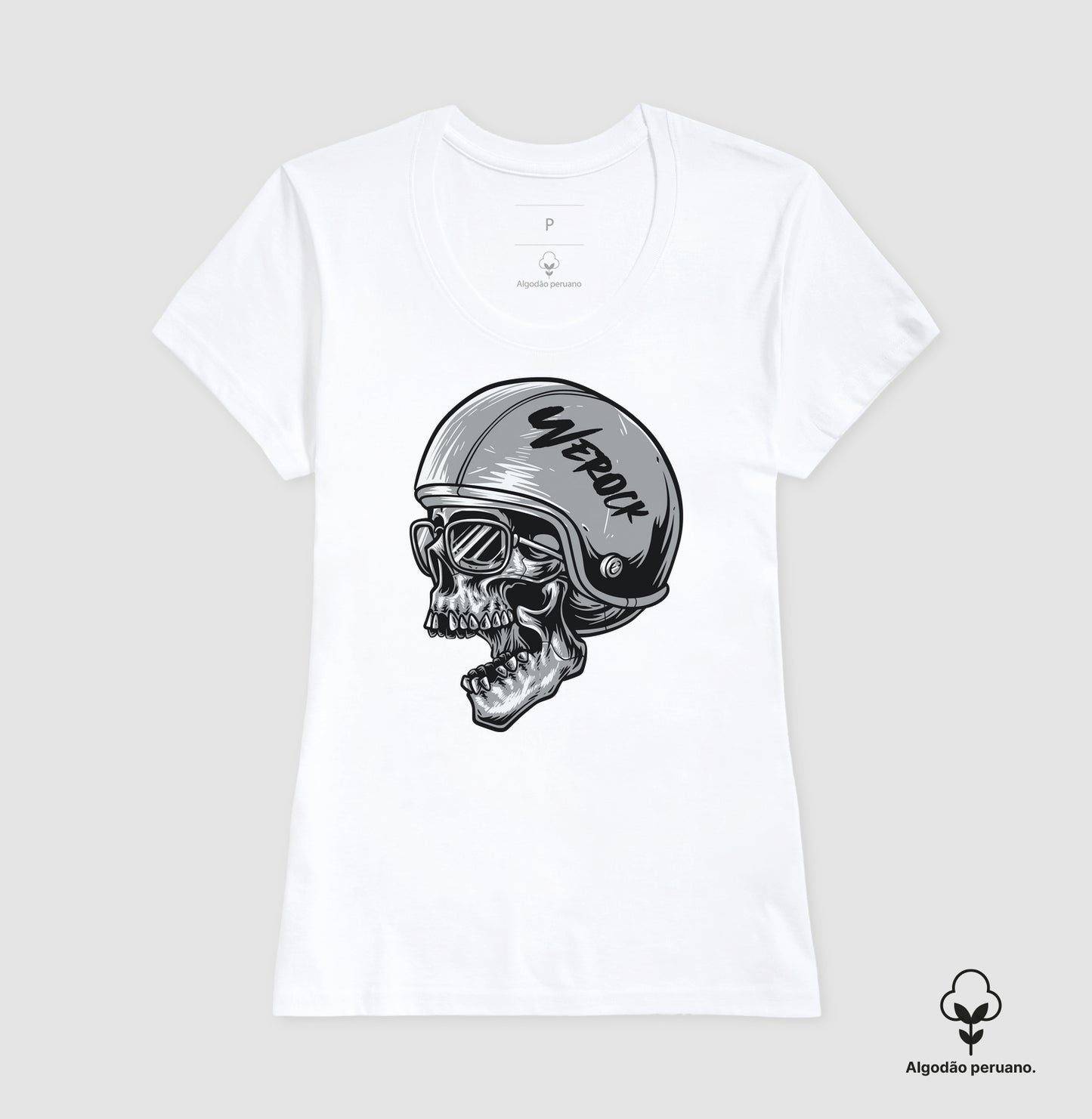 camiseta algodão peruano werock motorcycle helmet skull feminina